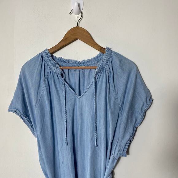 Dex Chambray Dress 3X Short‎ Sleeve Western Cowgirl Ruffle Raw Hem Neckline Soft - Picture 3 of 8